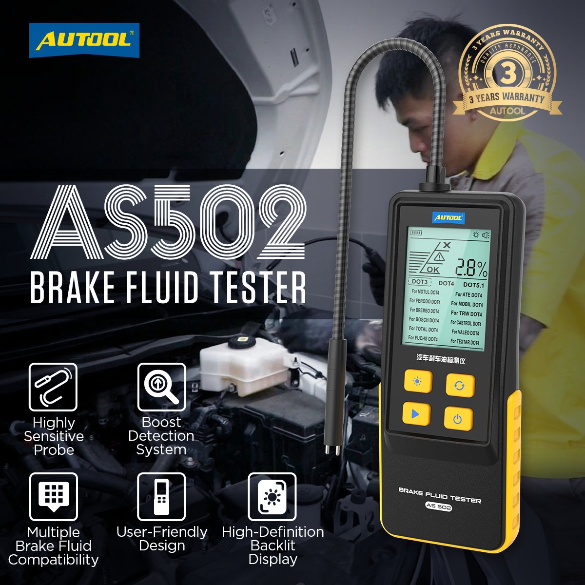 Autool AS502 Professional Electronic Dot Brake Fluid Digital Tester 5V Battery Powered Diagnostic Tool for Cars 3-Year Warranty