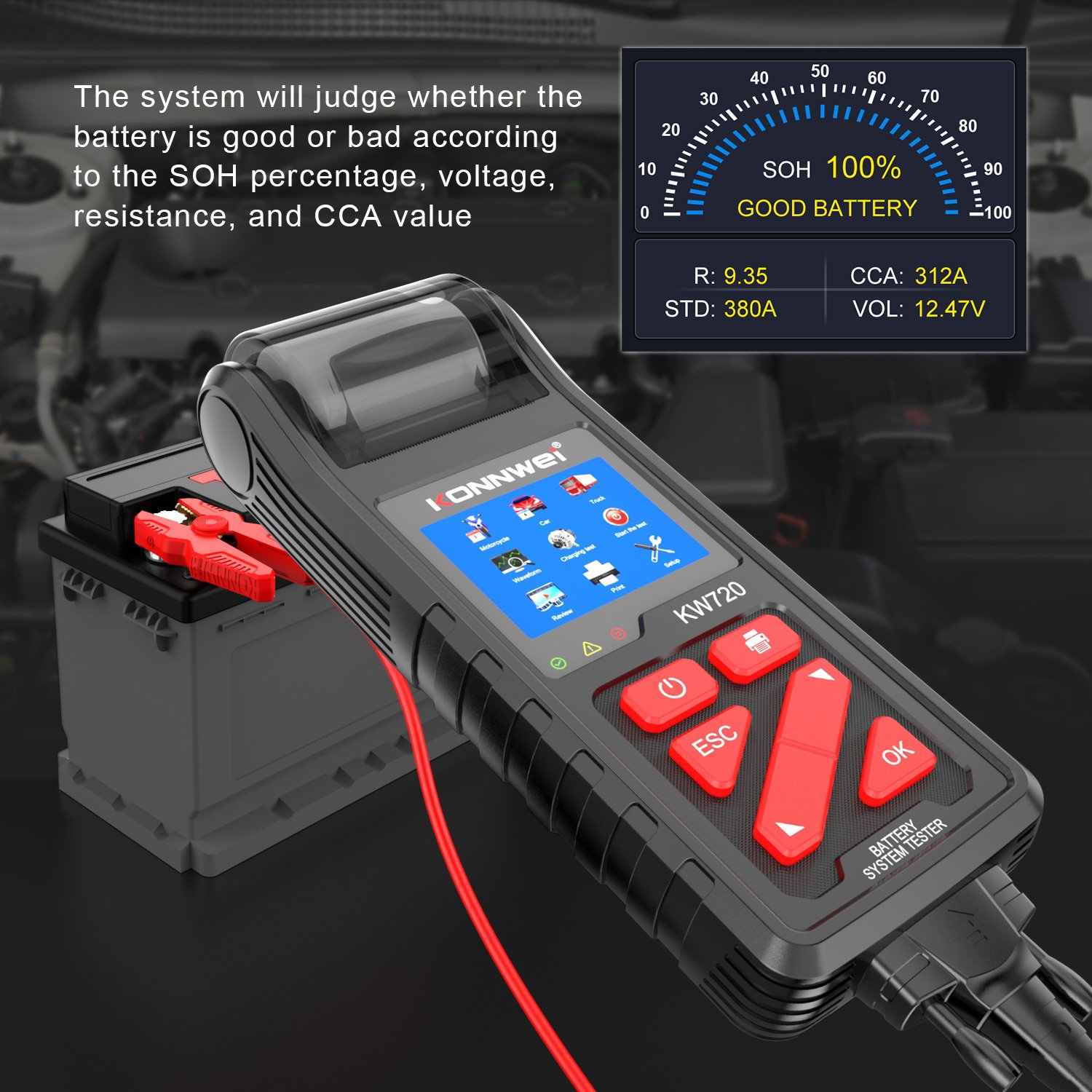 Automotive tools factory 12-24 battery load tester with printer Konnwei kw720 battery capacity tester AGM, lithium batteries