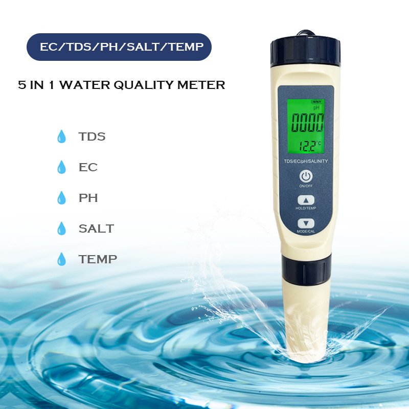 5 In 1 Water Quality Checker Pen Type Temperature Ph Tds Conductivity EC Salt Meter