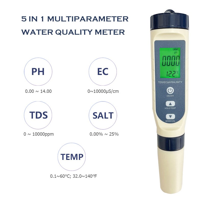 5 In 1 Water Quality Checker Pen Type Temperature Ph Tds Conductivity EC Salt Meter