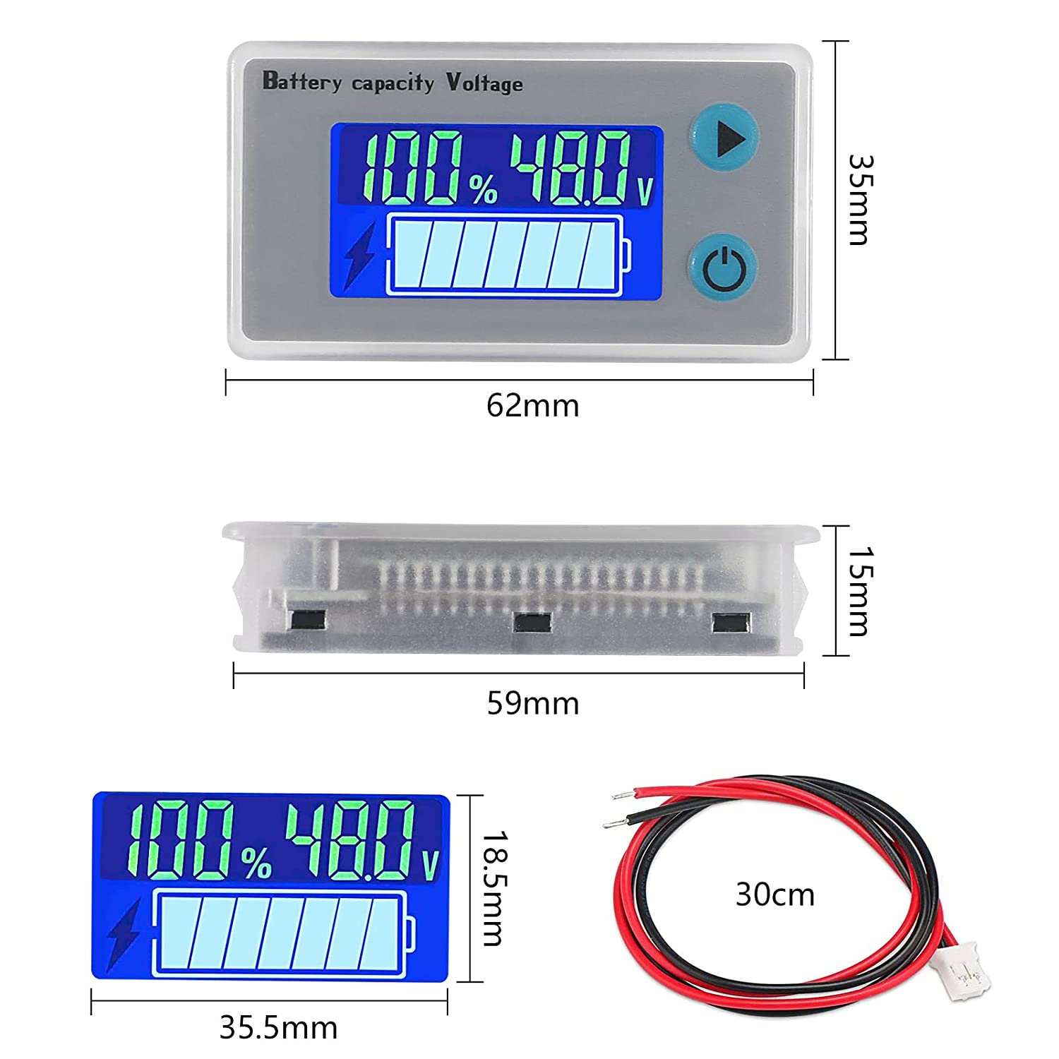 JS-C33 10-100V Universal Battery Capacity Tester Voltage Indicator 12V/24V/36V/48V/60V/72V LCD Battery Monitor Temperature Alarm