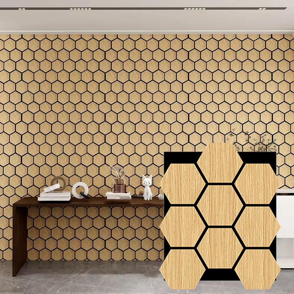 Goodsound Akupanel Self Adhesive Wood Decor Acoustic Akustik Hexagon painis de madeira Slat Wall Panel for Meeting Room