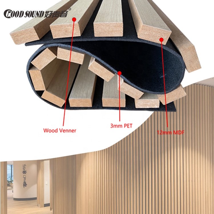Goodsound Anti-noise Oak Walnut pet mdf Flexible Polyester Fiber Acoustic Wood Paneling Sound Proof Curved Slat Wall Panel