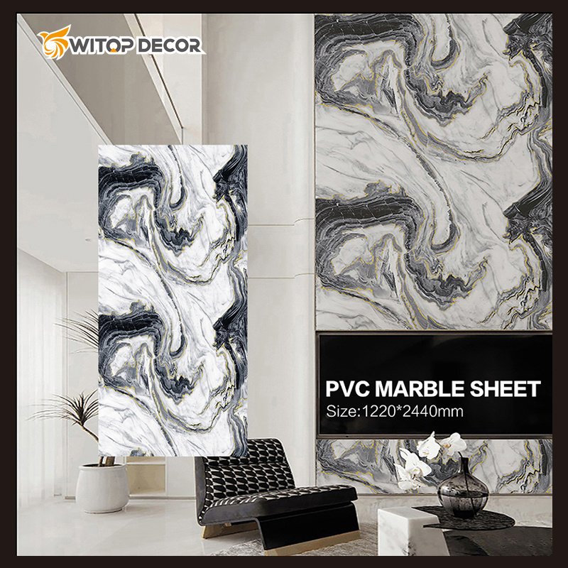 New Arrival Spc Marble Mirror board For Interior Decoration Pvc Marble Sheet Black With Gold Line Uv board