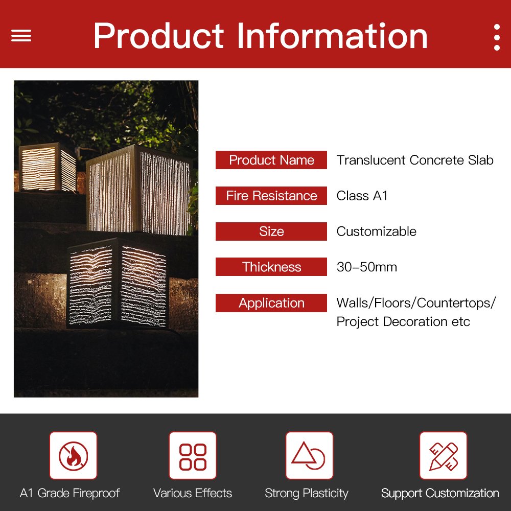 Customized Shape Translucent Fiber Optic Concrete Panel Art Cement Panel Fiber Cement Board Parks Sculpture Flower Pond Decor