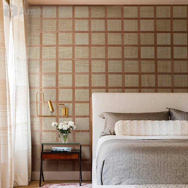 Modern Style Check Geometric Pattern Natural Banana Leaf And Wood Collage Wallpaper For Bedroom Decoration