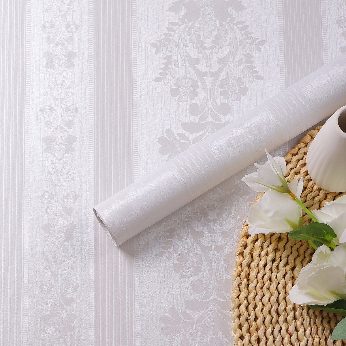 Self adhesive, easy to clean, waterproof white European pattern striped background decorative wallpaper, home wallpaper