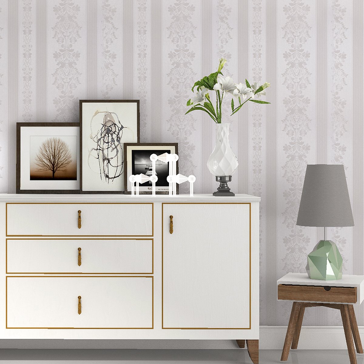 Self adhesive, easy to clean, waterproof white European pattern striped background decorative wallpaper, home wallpaper