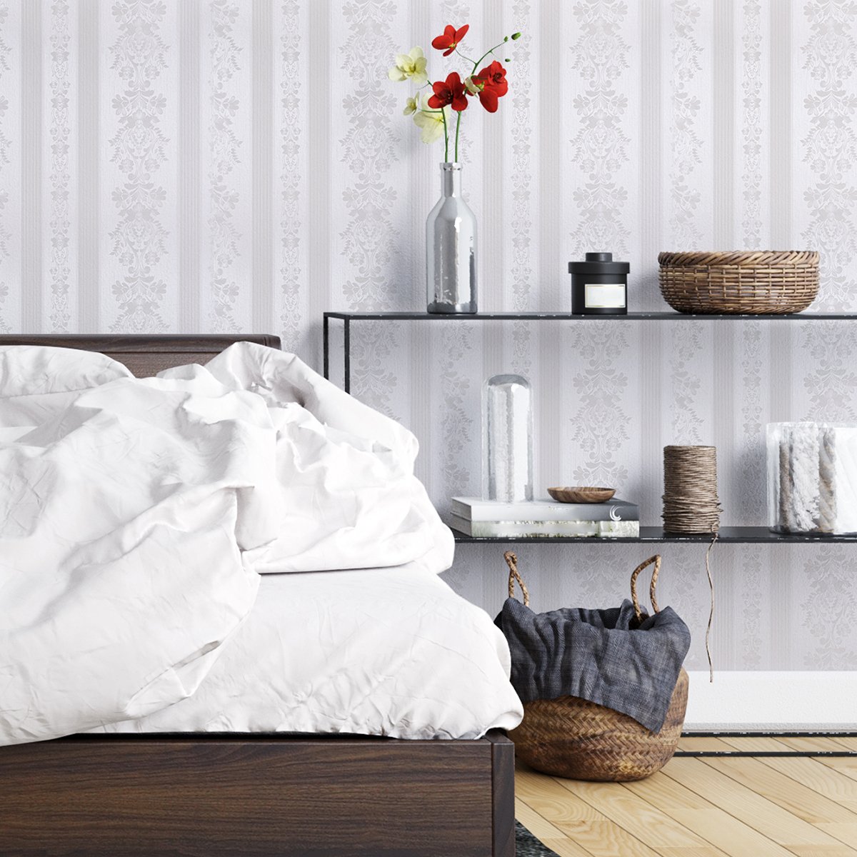 Self adhesive, easy to clean, waterproof white European pattern striped background decorative wallpaper, home wallpaper