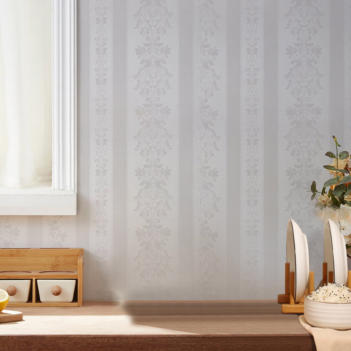 Self adhesive, easy to clean, waterproof white European pattern striped background decorative wallpaper, home wallpaper
