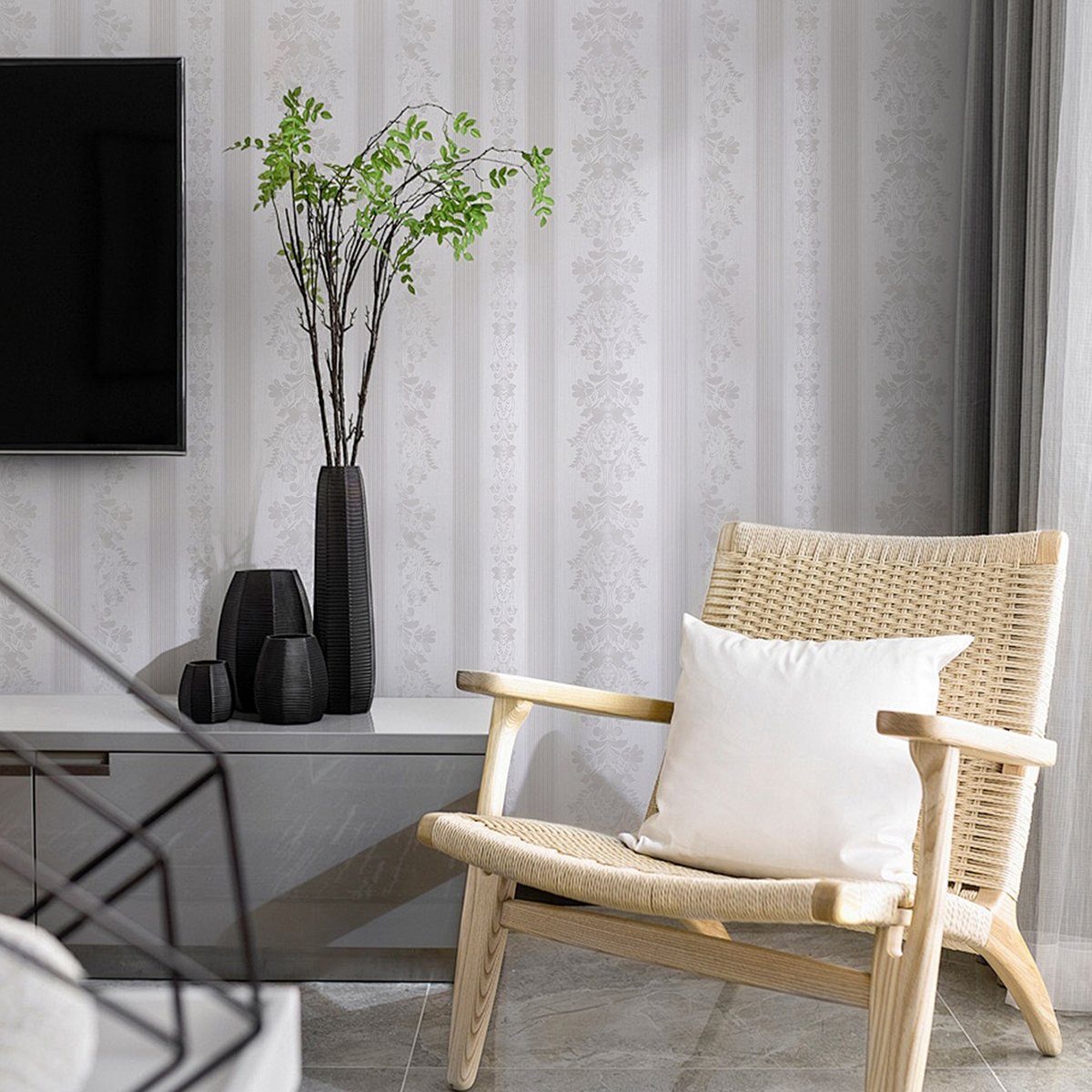 Self adhesive, easy to clean, waterproof white European pattern striped background decorative wallpaper, home wallpaper