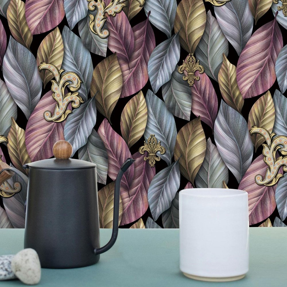 pvc colorful waterproof luxury and elegant simulation plant leaves decorative interiors bedroom nature 3D wallpaper