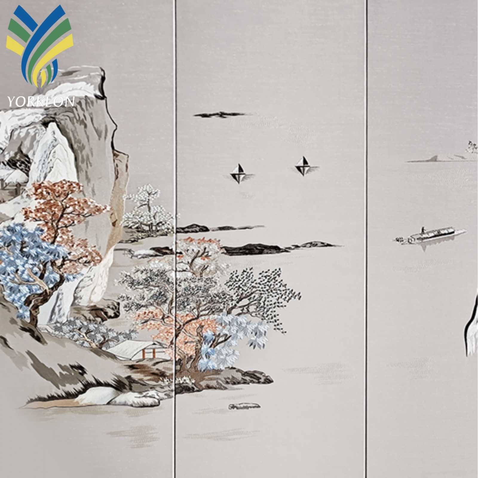 Custom 3D Luxury Hand Painted Chinoiserie Mountains Embroidery Mural Wallpaper