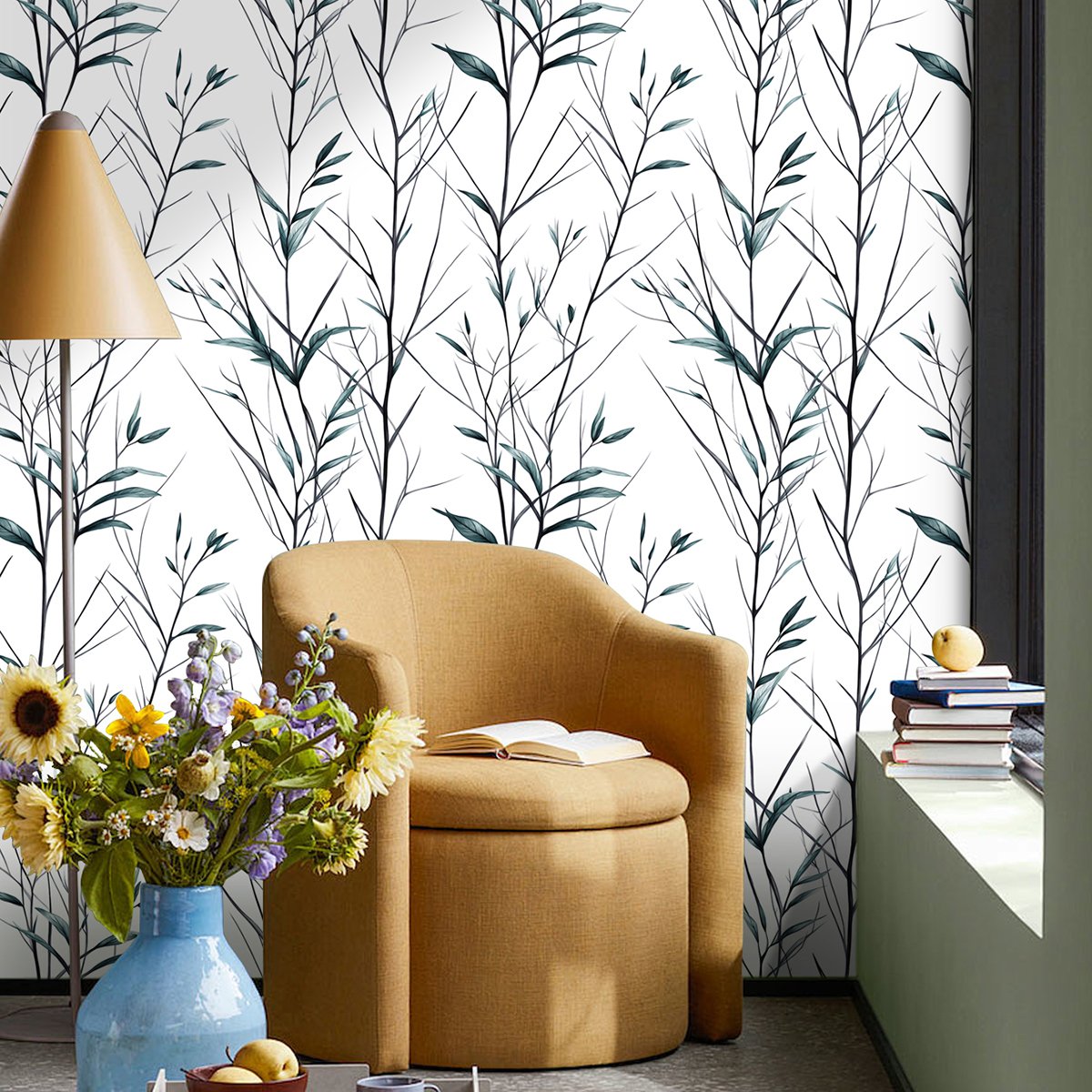 Factory waterproof stain proof sketch branch leaf room decoration PVC self-adhesive thick wallpaper