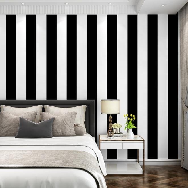 Modern Simple Vertical Stripe Design PVC Non-woven Wallpaper Mural Black White Graphic for Bedroom Hotel Home Decor 5 Rolls CBM