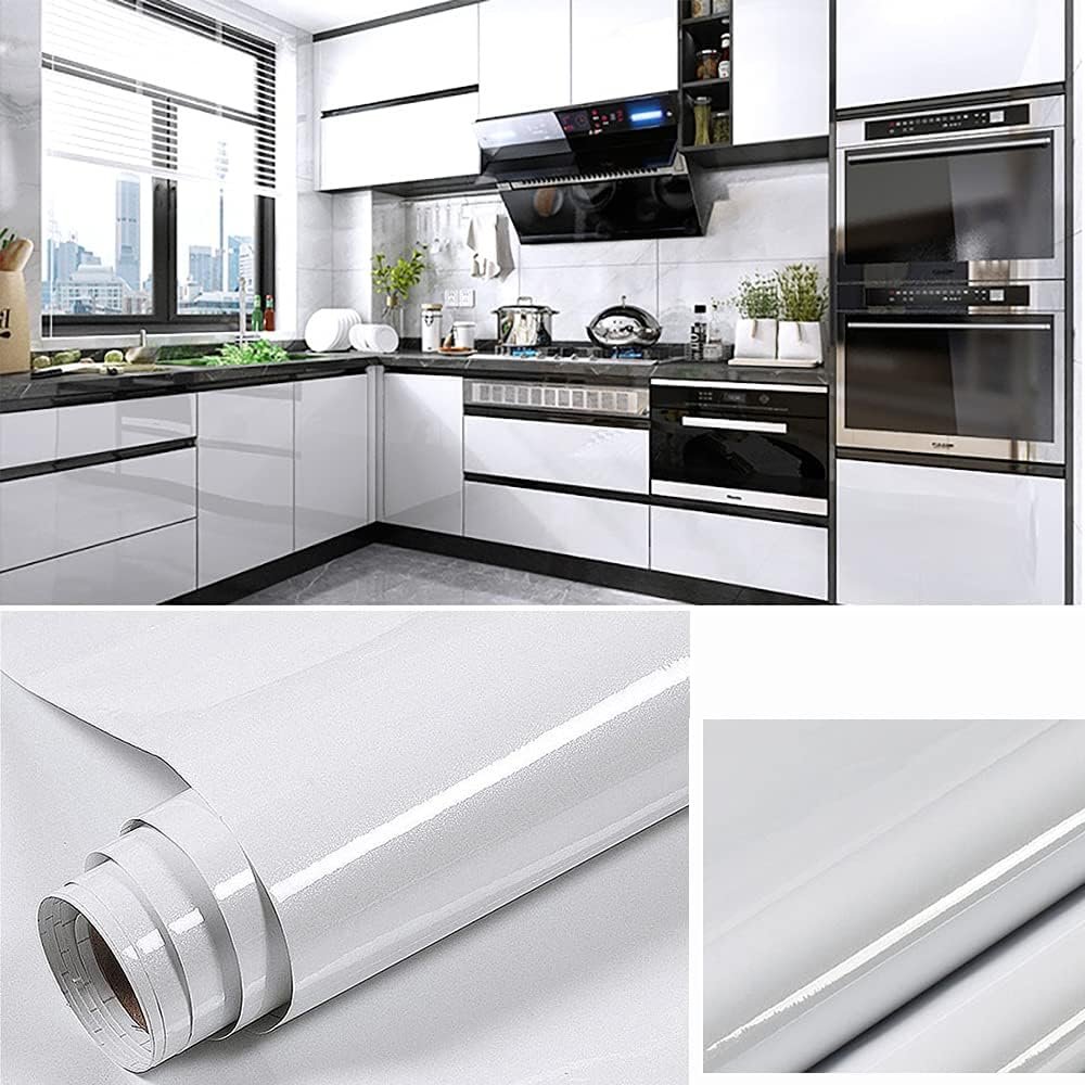 Glitter White Wallpaper peel and Stick Wallpaper Glossy Self Adhesive Vinyl Removable Waterproof Wallpaper for Kitchen Cabinet