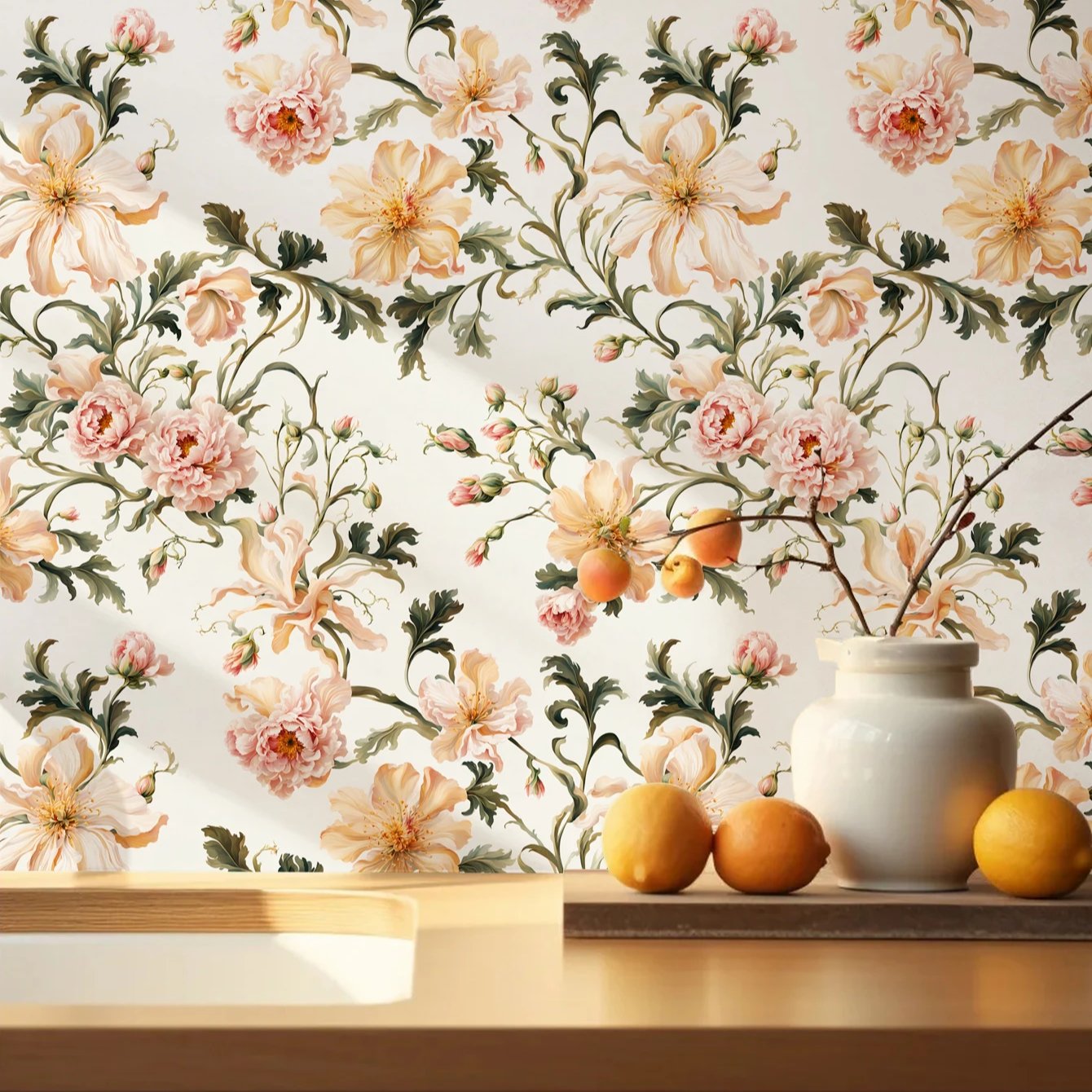 Self adhesive waterproof thickened elegant flower branch orange red blooming flower decorative wallpaper, home wallpaper