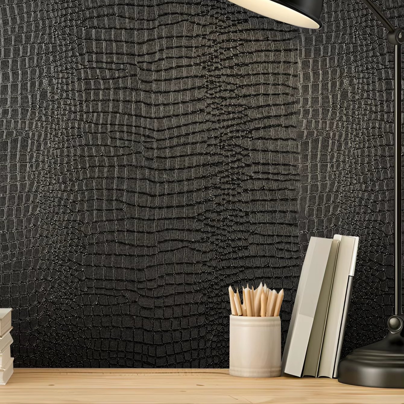 Self adhesive, easy to wipe, waterproof black crocodile skin patterned background decorative wallpaper, home wallpaper