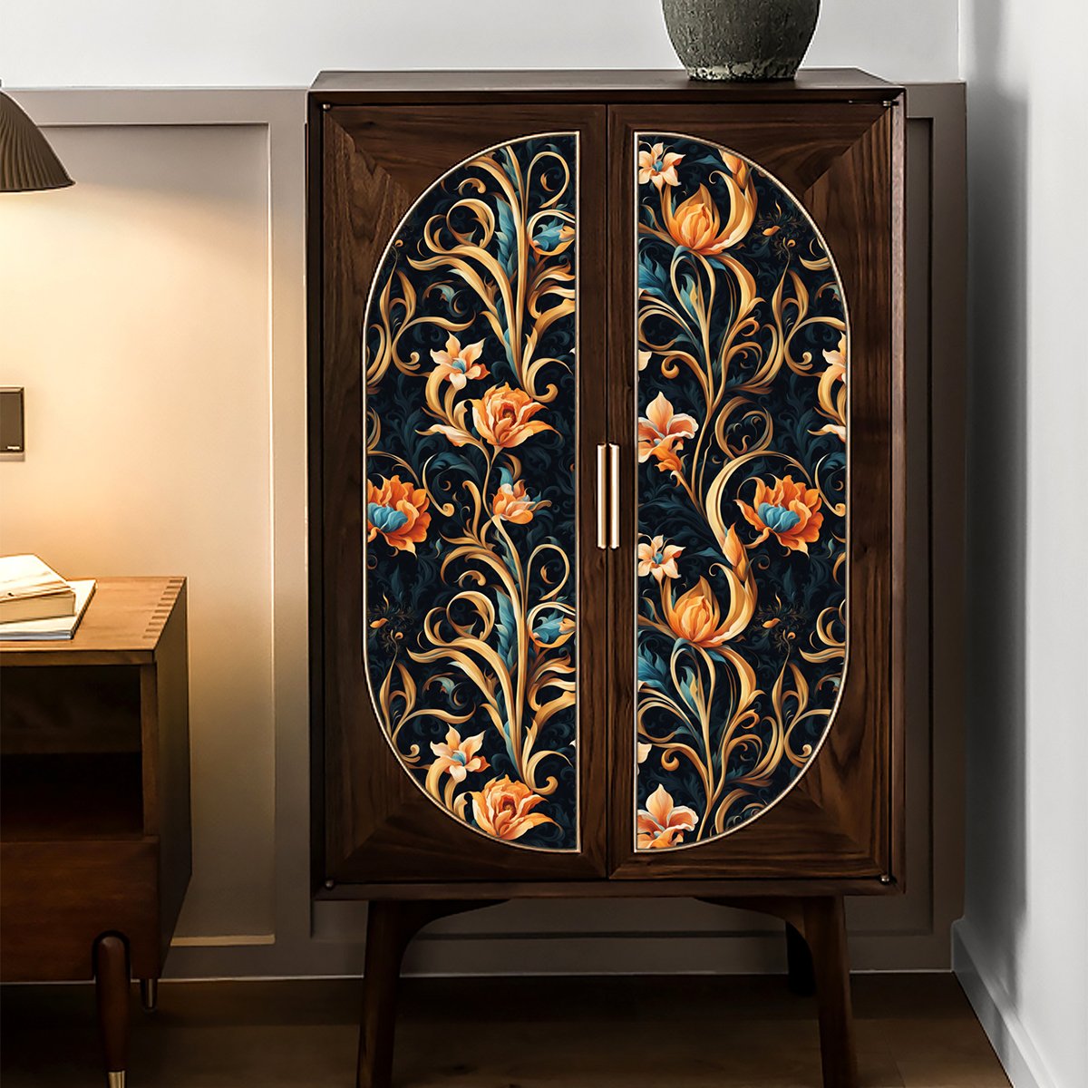 Retro floral stickers cabinet self-adhesive wallpaper room decoration waterproof and moisture-proof bedroom renovation cabinet