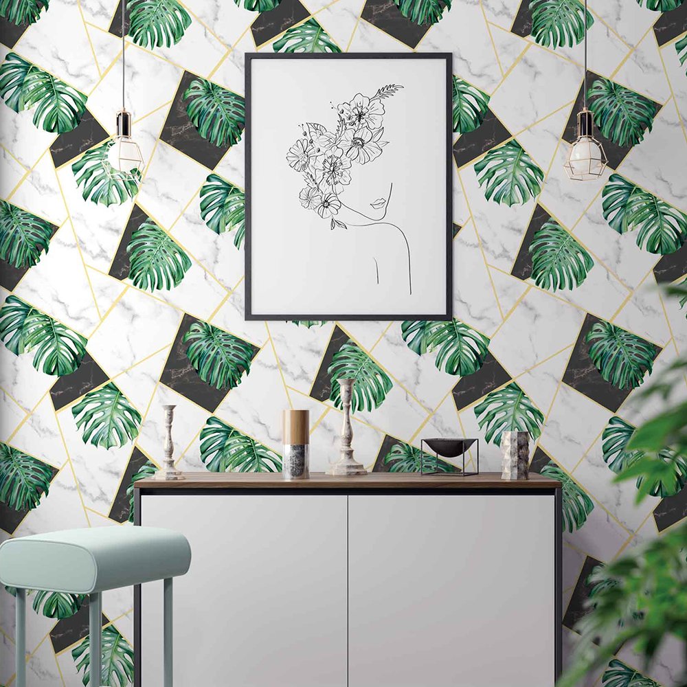 Modern Tropical Leaves and Marble Design Wallpaper Home Decor Wallpaper 3D