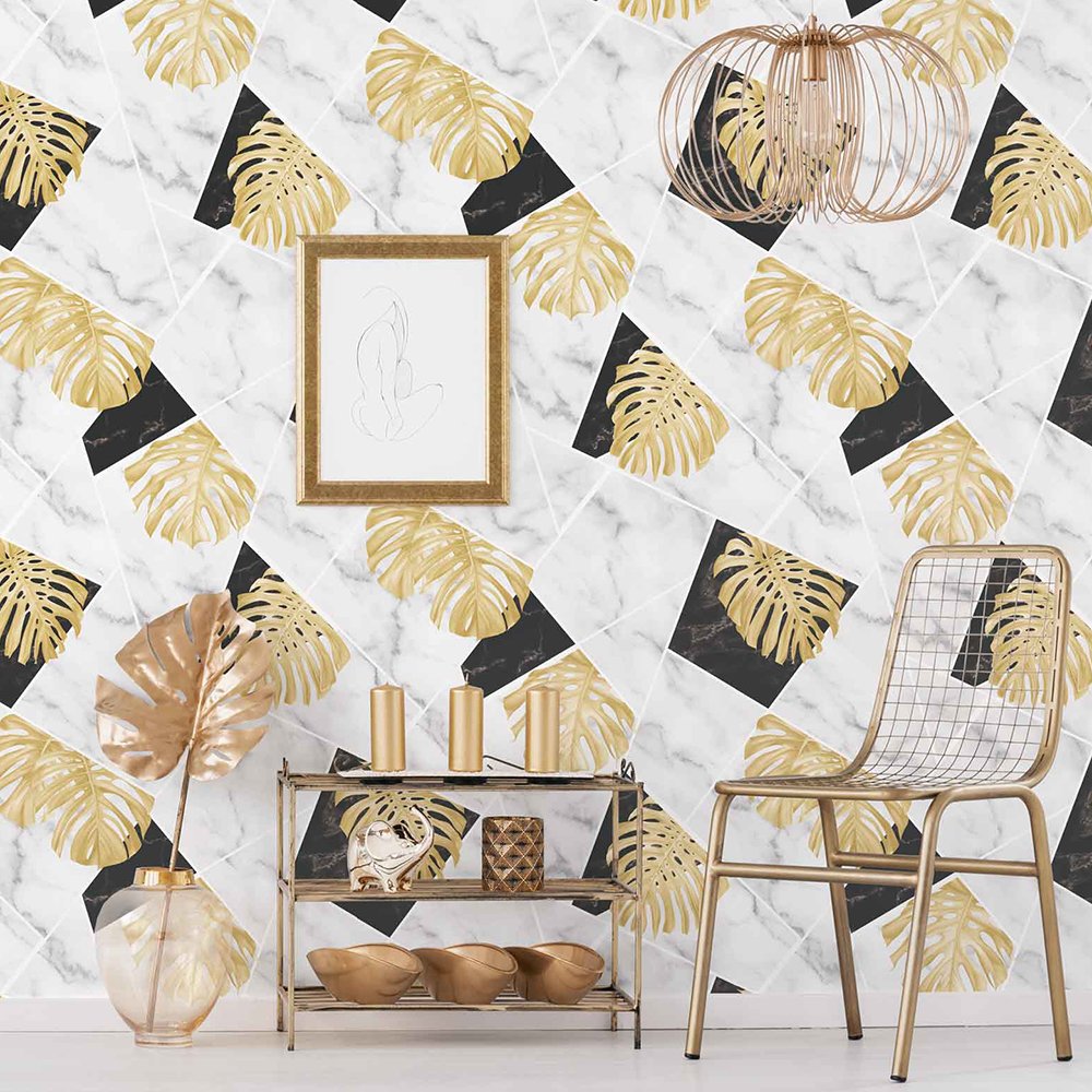 Modern Tropical Leaves and Marble Design Wallpaper Home Decor Wallpaper 3D
