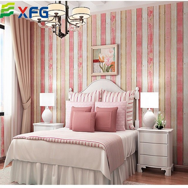 Peel and stick pink blue Korean wallpap design pvc wood stripe wallpaper rolls for home decoration wall sticker