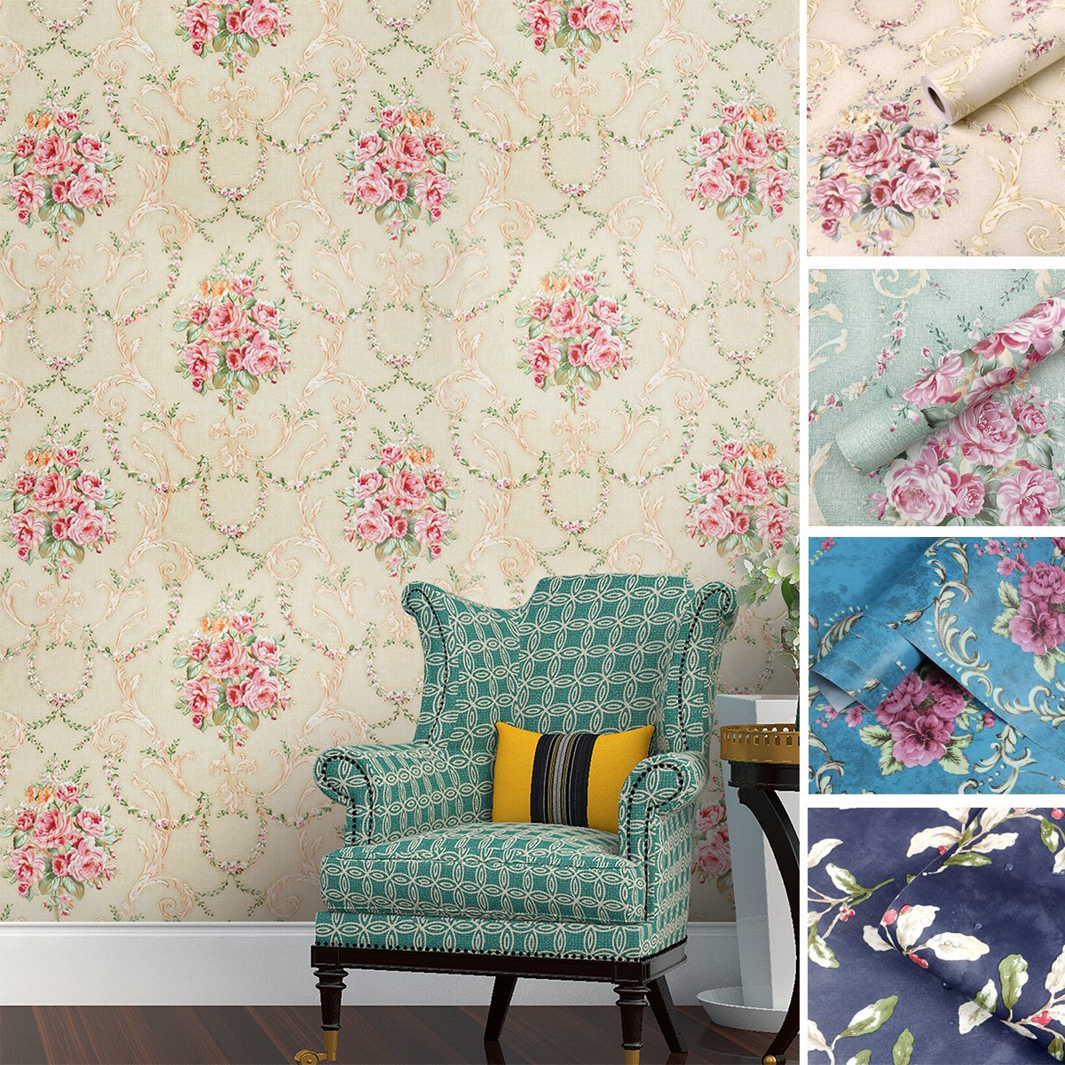 Self adhesive waterproof and anti fouling retro European floral series background decorative wallpaper, home wallpaper