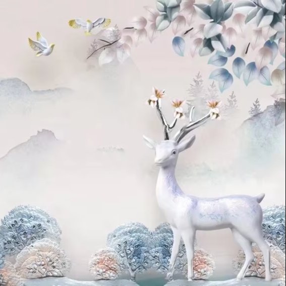 Golden silver elk forest birds trees design print big size custom up to 3*5m & 3.2*10m/piece high-end fabric wall mural