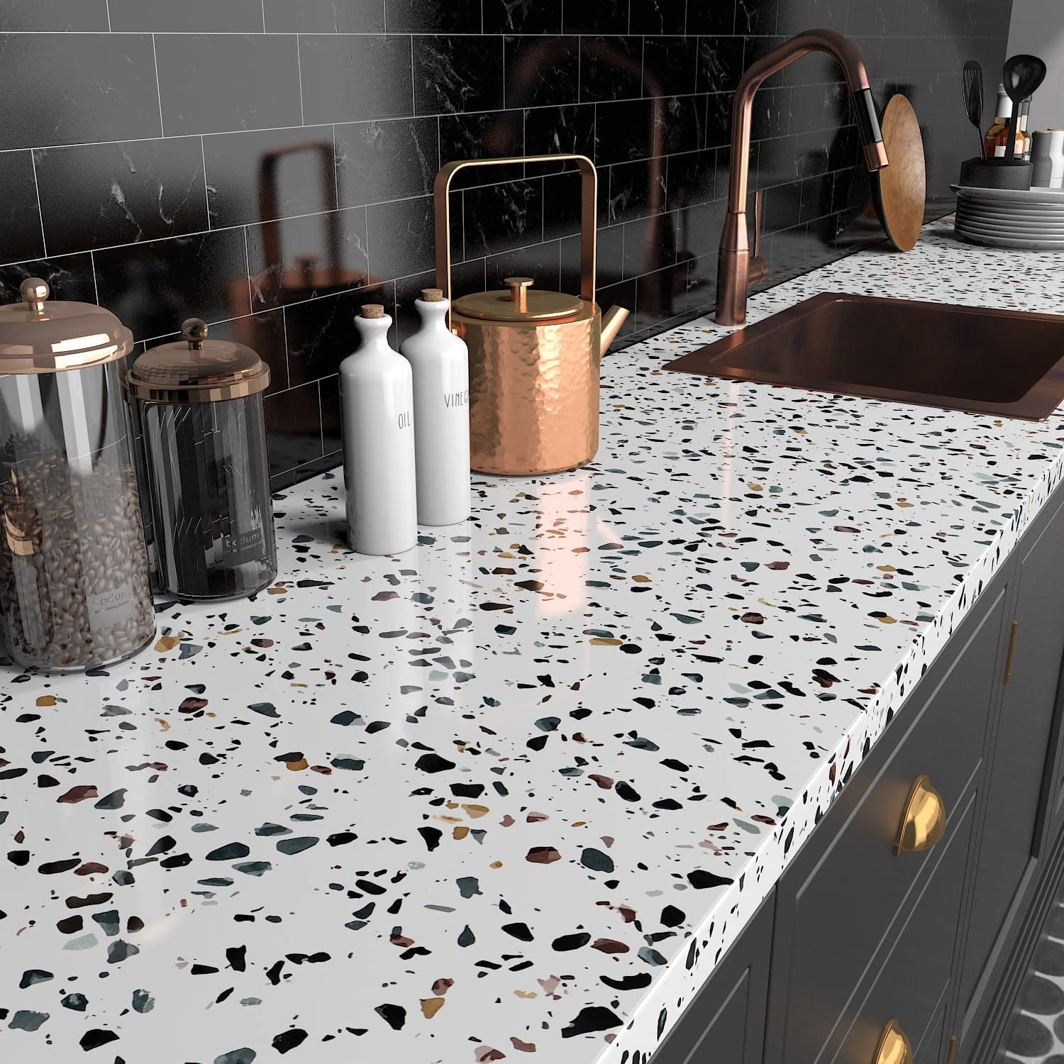 White Marble Granite Countertop Contact Paper Waterproof Vinyl Terrazzo Wallpaper Peel and Stick Kitchen Counter Wall Paper Roll