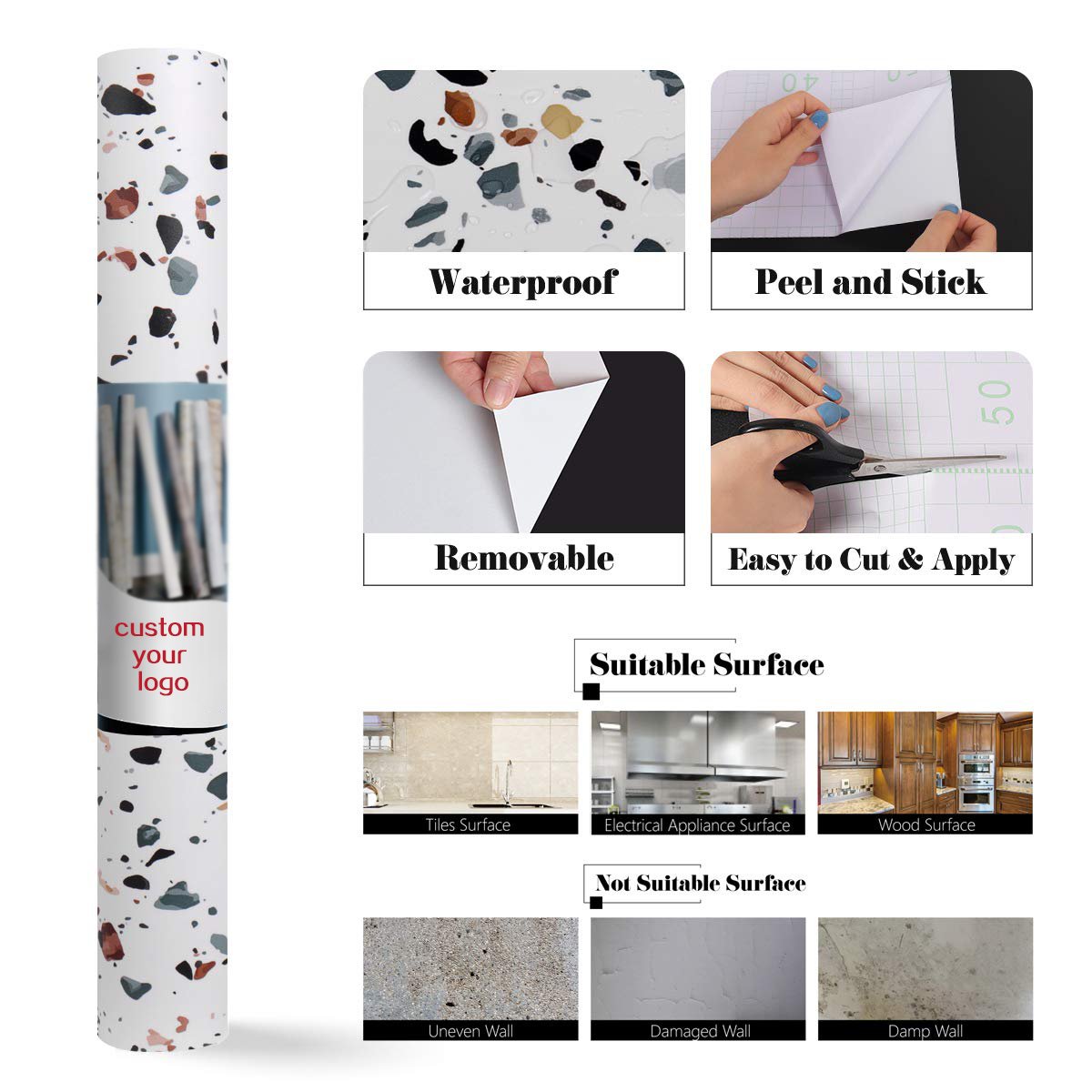 White Marble Granite Countertop Contact Paper Waterproof Vinyl Terrazzo Wallpaper Peel and Stick Kitchen Counter Wall Paper Roll