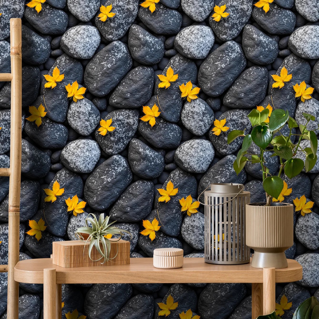 Self adhesive waterproof and anti fouling maple leaf irregular stone wall background decorative wallpaper, home wallpaper