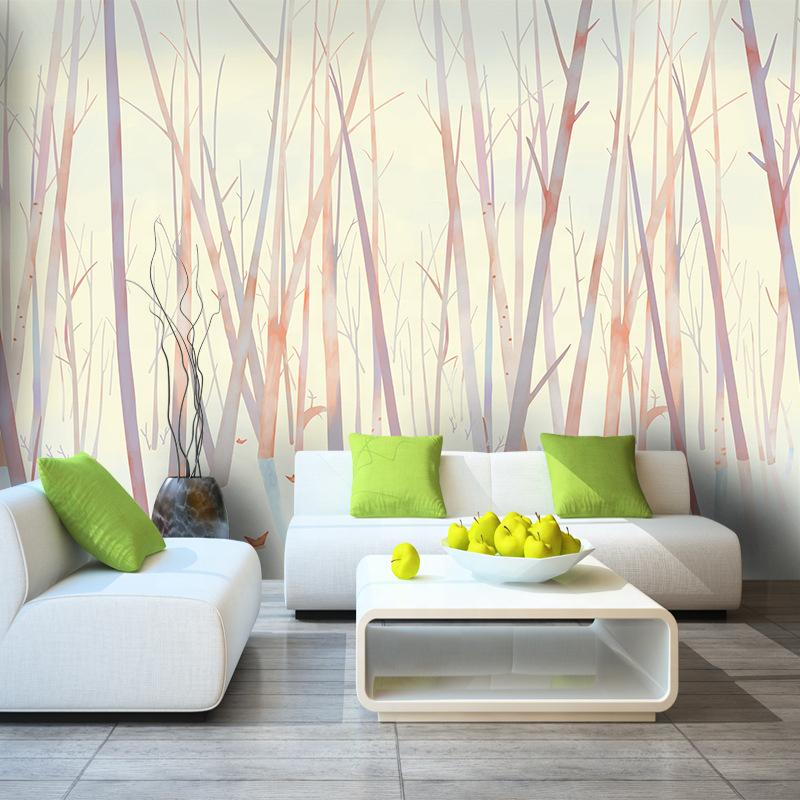 Nordic 3d hand-painted forest self-adhesive wallpaper wholesale living room bedroom background wall cloth peel and stick