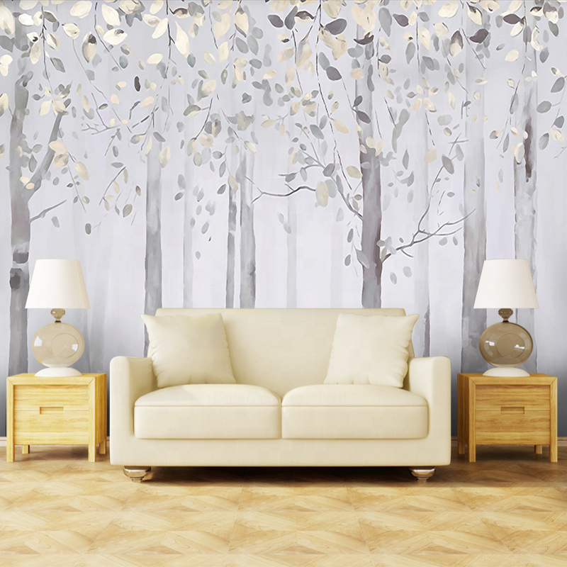 Nordic 3d hand-painted forest self-adhesive wallpaper wholesale living room bedroom background wall cloth peel and stick