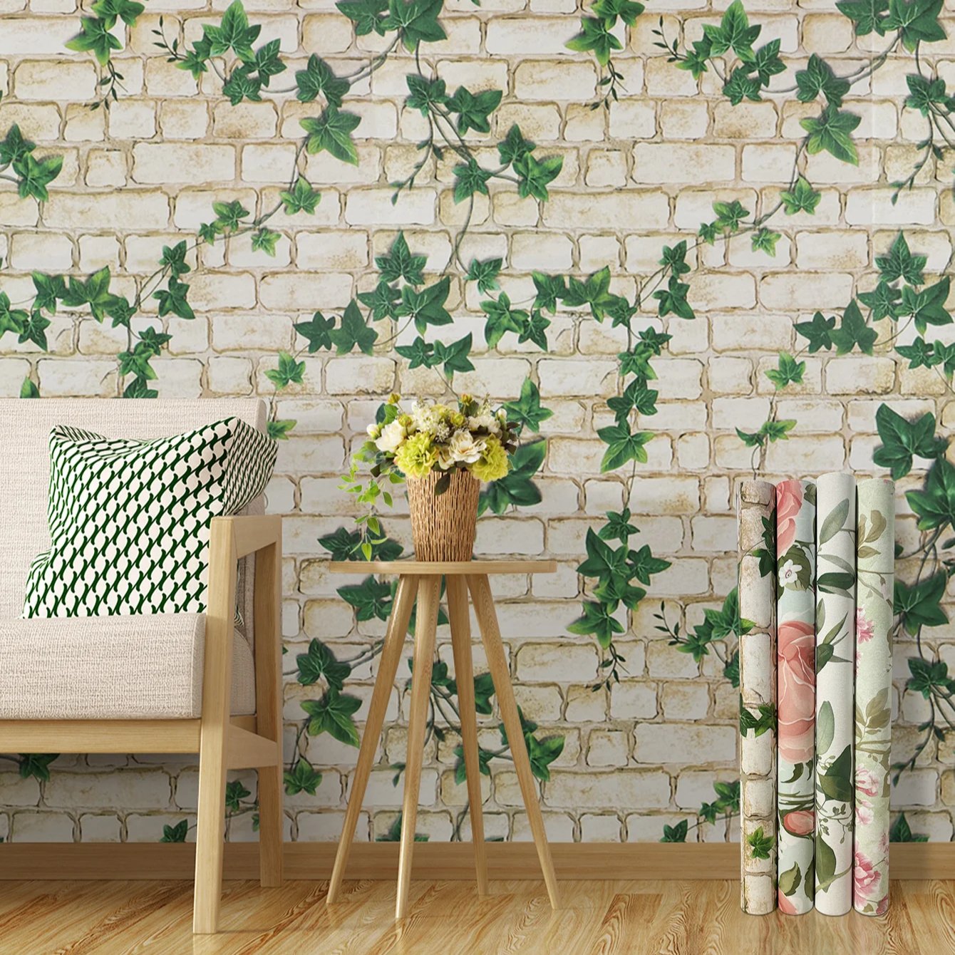 Self adhesive waterproof and anti fouling green plant ivy peony rose green leaf background decorative wallpaper, home wallpaper