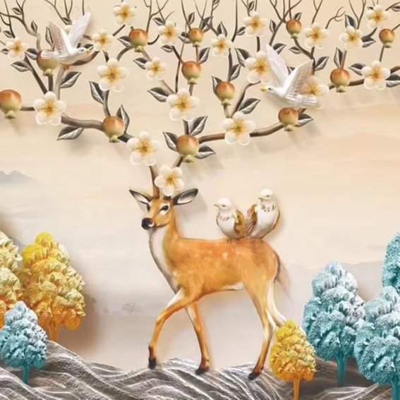 Golden silver elk forest birds trees design print big size custom up to 3*5m & 3.2*10m/piece high-end fabric wallpaper