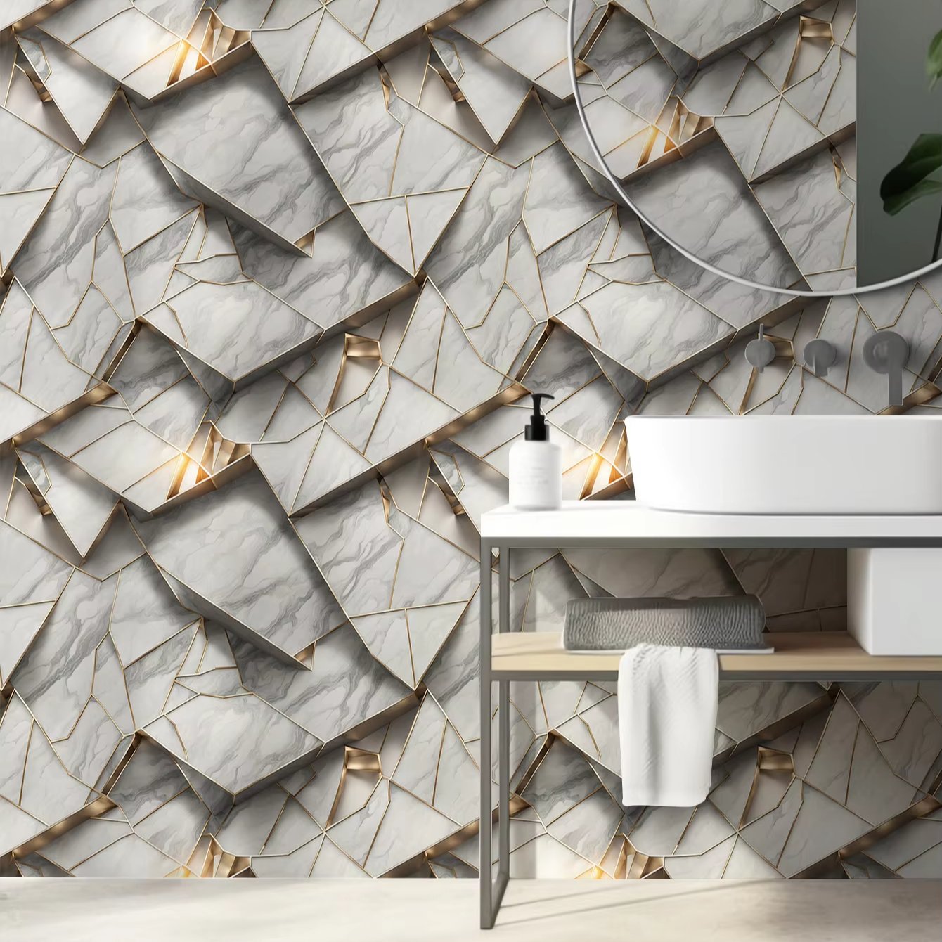 Customized size cutting white modern gray mosaic polished surface marble tile pattern self-adhesive wallpaper