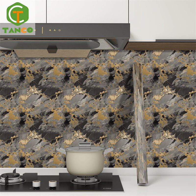Wall adhesive wallpaper for kitchen golden marble pattern oil-proof stickers kitchen stove pvc wallpaper sticker film