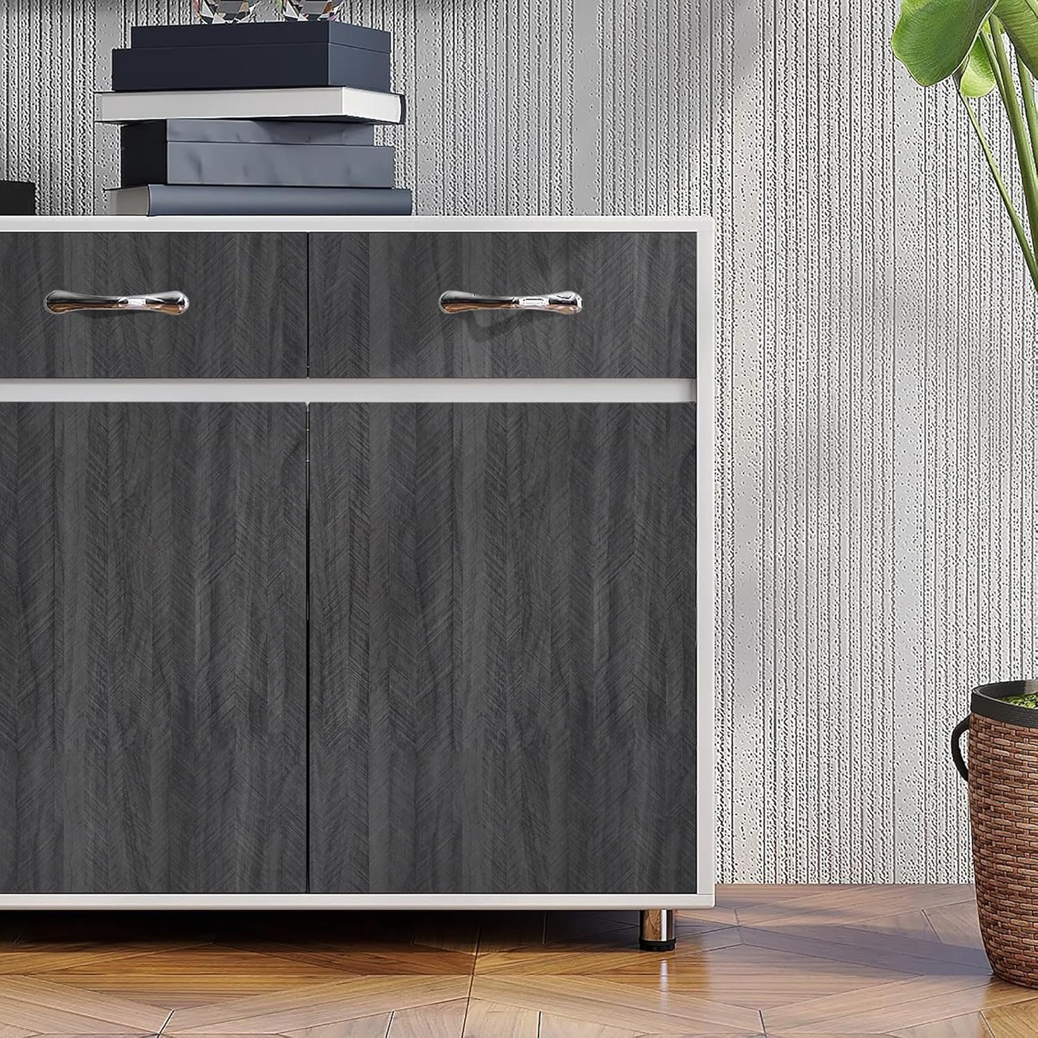 ORON DECO Wood Wall paper Peel and Stick Fishbone Textured 3D Self Adhesive PVC Vinyl Waterproof Wallpaper for Kitchen Cabinet