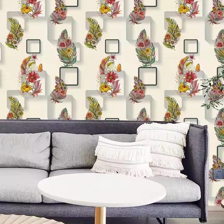 Southeast Asian style colorful feather grid 3D home decoration bedroom living room hotel background wallpaper