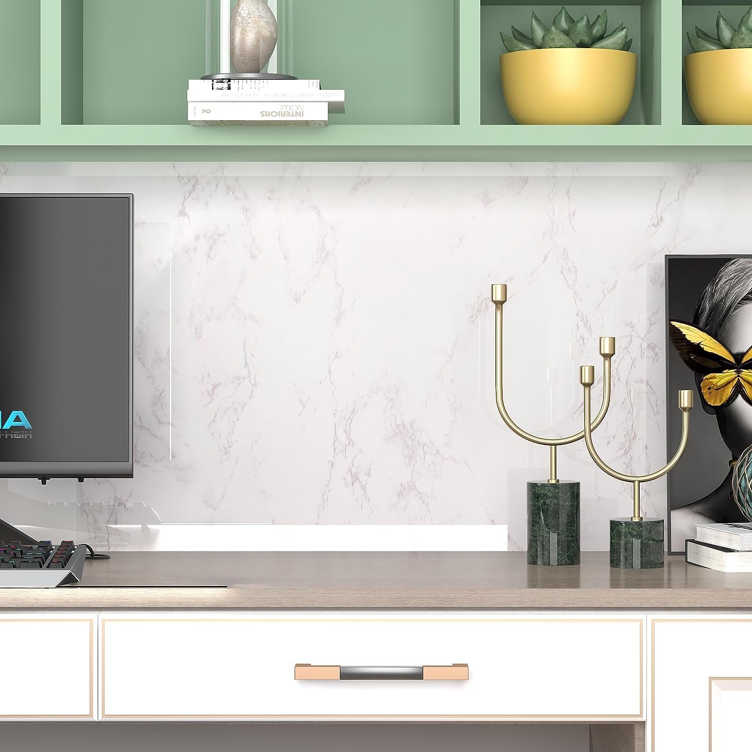 Glossy DIY Vinyl Marble Wallpaper Peel and Stick Wallpaper Self Adhesive Removable Waterproof for Kitchen Decor