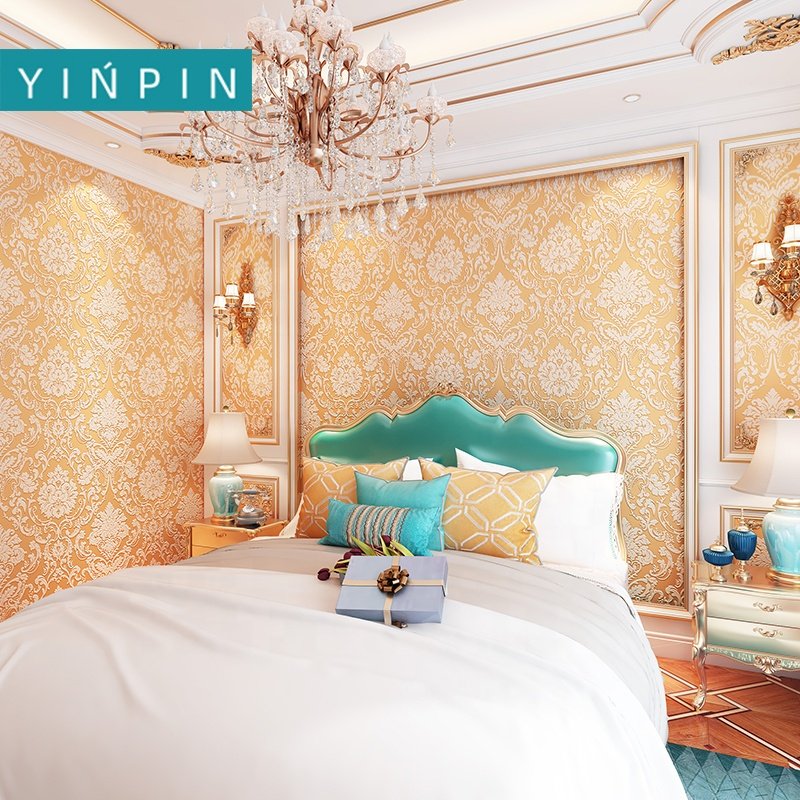 Best-selling Orange print self-adhesive wallpaper rolls non-woven for bedroom decorate