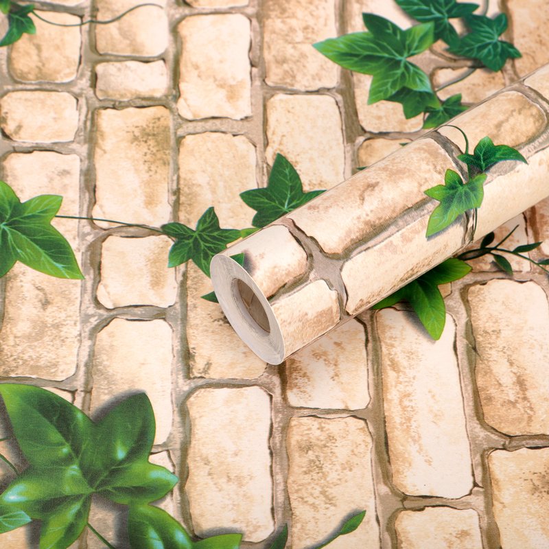 PVC Self Adhesive Wallpaper Vinyl Adhesive Stone Texture Green Leaf Paper Tapiz 3d Brick Texture Wallpaper Wall