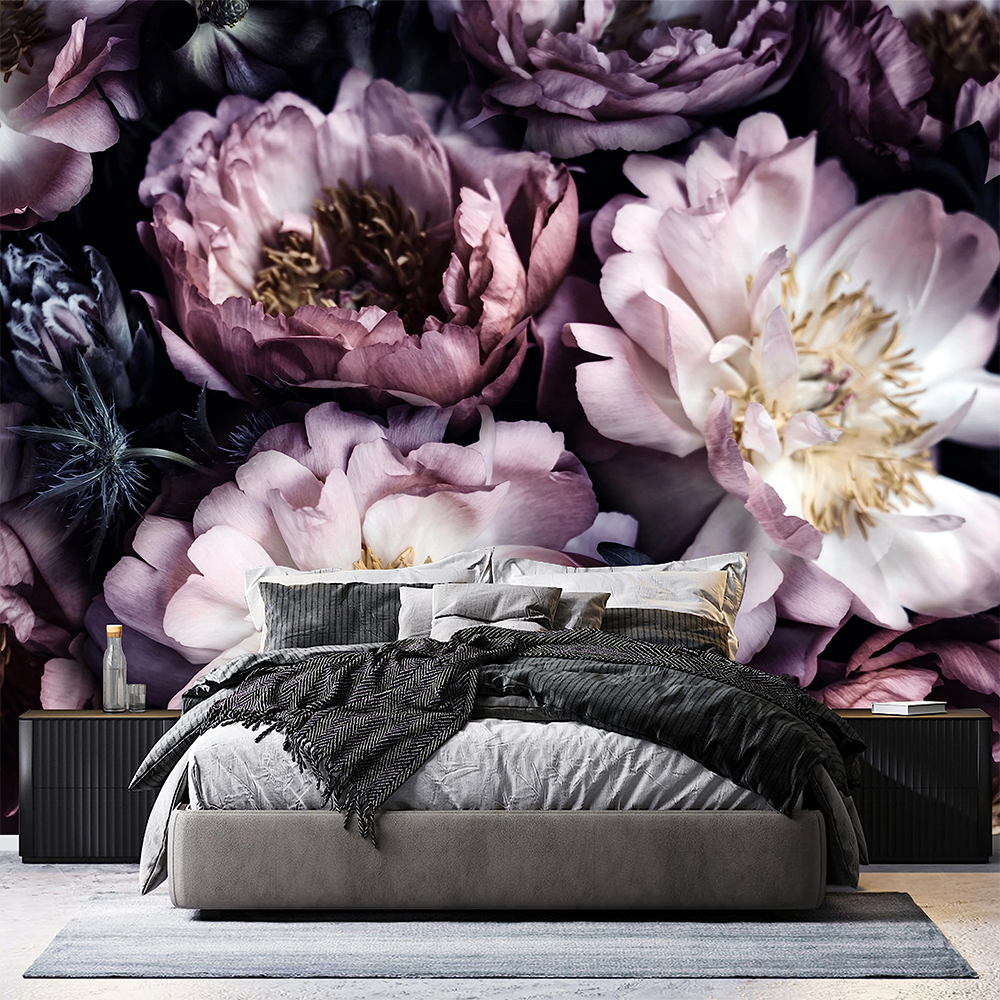Purple Paeonia Floral Mural 3d Wallpaper Black Background Flower Wall Mural for Bedroom Living Room Girl Room papier peint mural