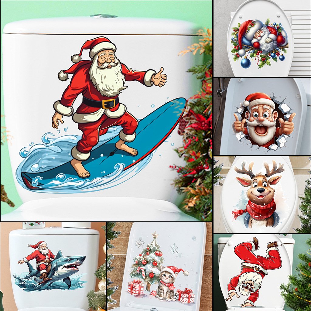 christmas toilet stickers supplies santa claus pvc Self-adhesive peel & stick waterproof bathroom wall stickers sales promotion
