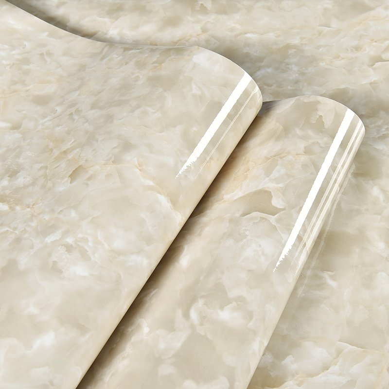 Modern Glossy Light Yellow Beige Marble Wallpaper Waterproof Self-Adhesive PVC Moisture-Proof Wall Sticker Kitchen Room Walls