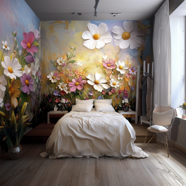 3D Oil Painting Bellis Perennis Fabric Wallpaper Daisy Flowers Countryside Style Bedroom Wall Decoration Non-woven Wall Paper