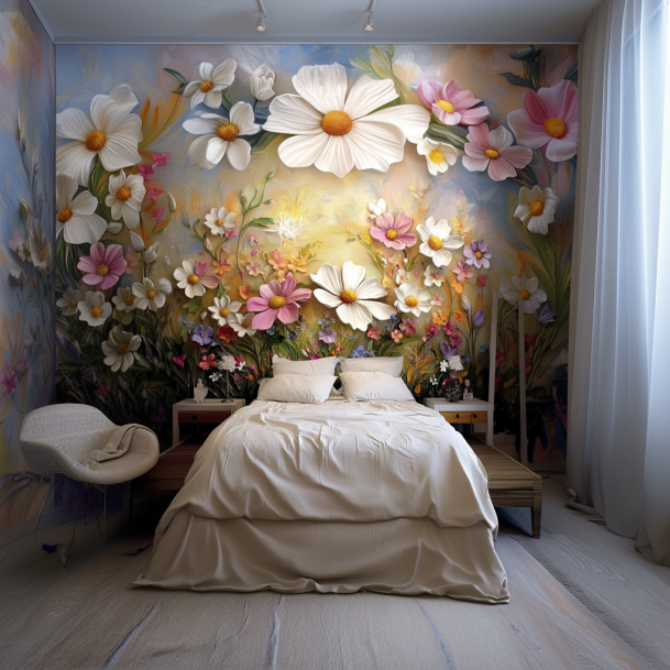 3D Oil Painting Bellis Perennis Fabric Wallpaper Daisy Flowers Countryside Style Bedroom Wall Decoration Non-woven Wall Paper
