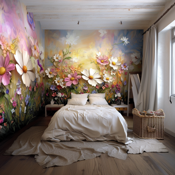3D Oil Painting Bellis Perennis Fabric Wallpaper Daisy Flowers Countryside Style Bedroom Wall Decoration Non-woven Wall Paper