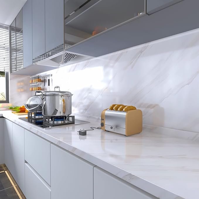 ORON DECO White Vinyl Marble Stickers Peel and Stick Wall Paper Waterproof 3D Self Adhesive Wallpaper for Kitchen Countertop