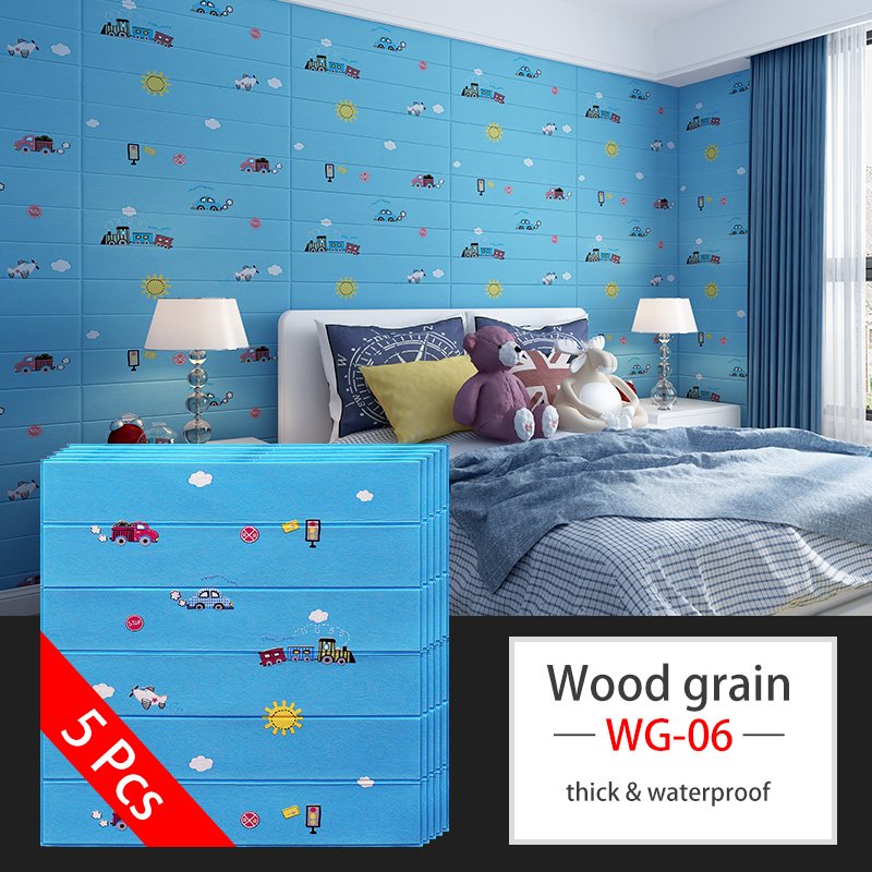 70x70cm Peel and Stick Wood Grain Cartoon Wall Stickers Waterproof Soft Anti-collision Wall Panels for Home Decor Child Care